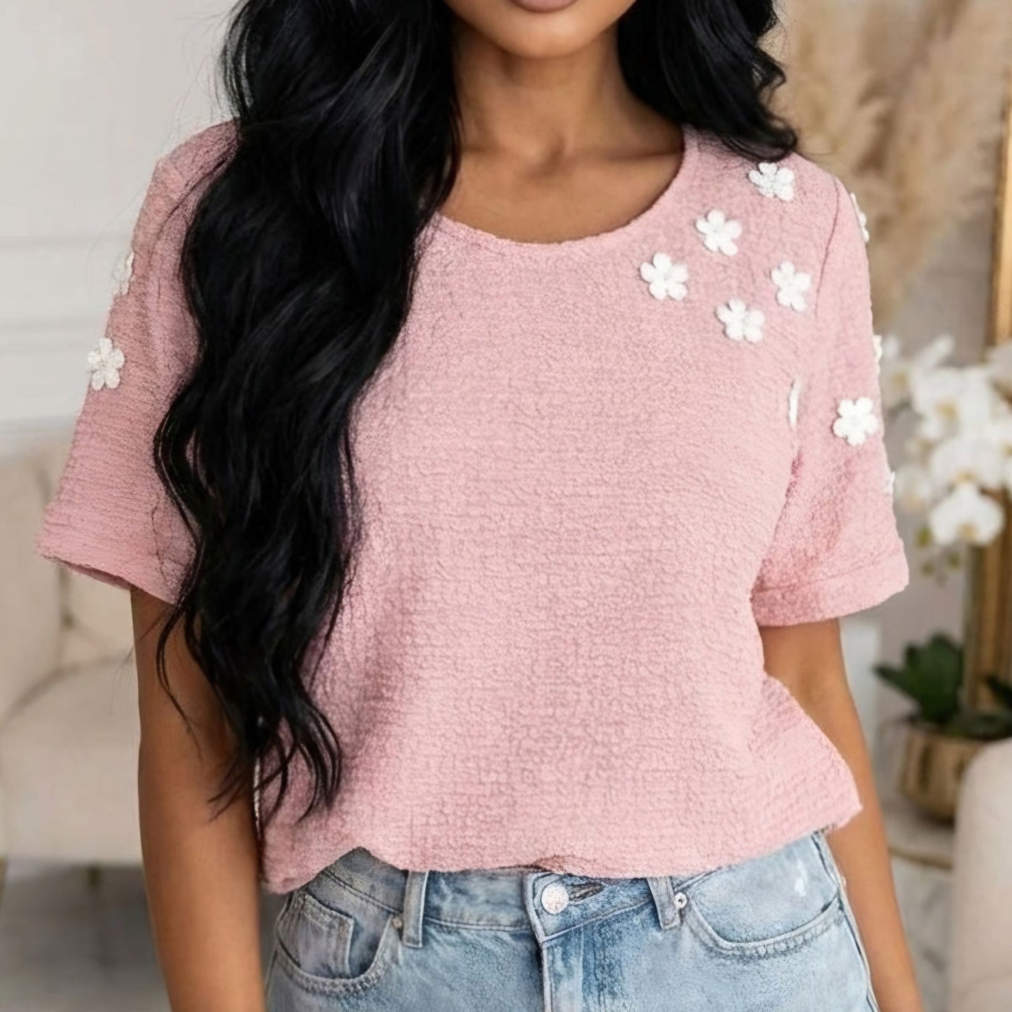 SONIA - Textured Daisy Applique Pearl Detail Tee
