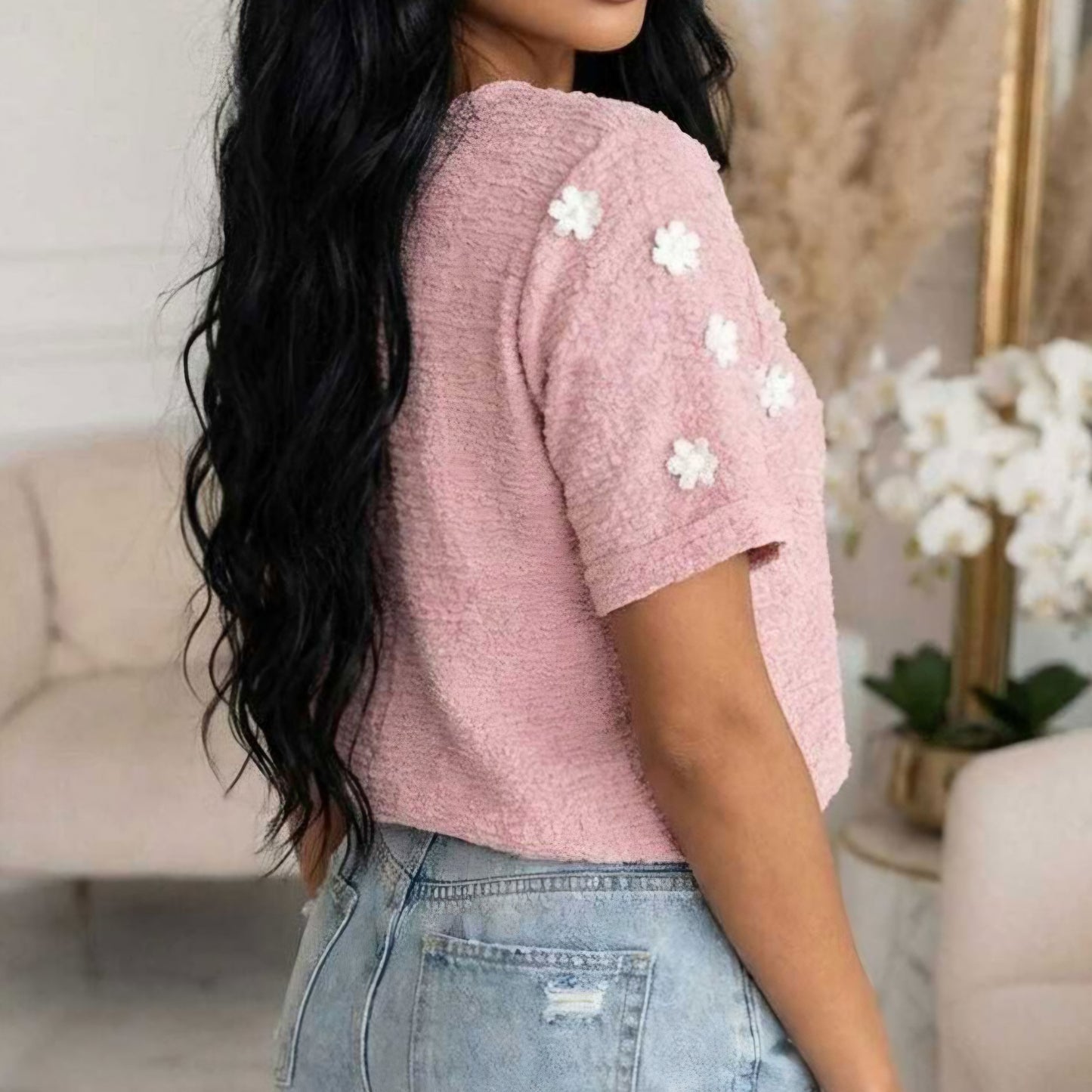 SONIA - Textured Daisy Applique Pearl Detail Tee