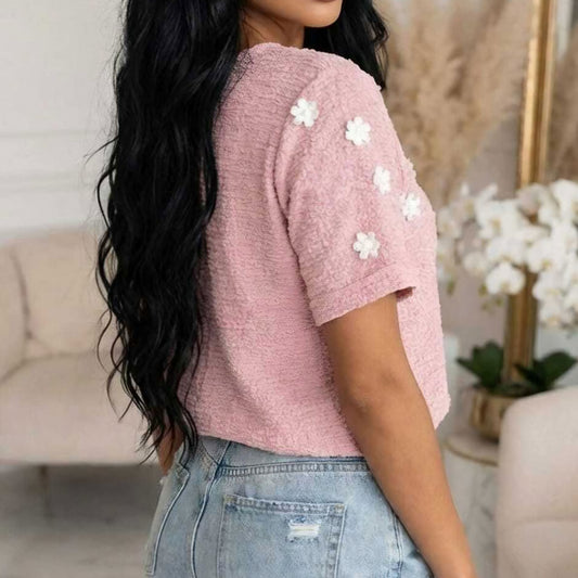SONIA - Textured Daisy Applique Pearl Detail Tee