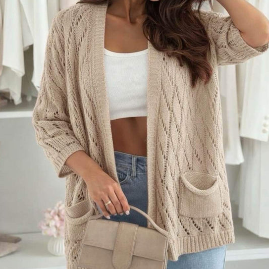 TAVI - Crochet Openwork Pocket Cardigan Stone