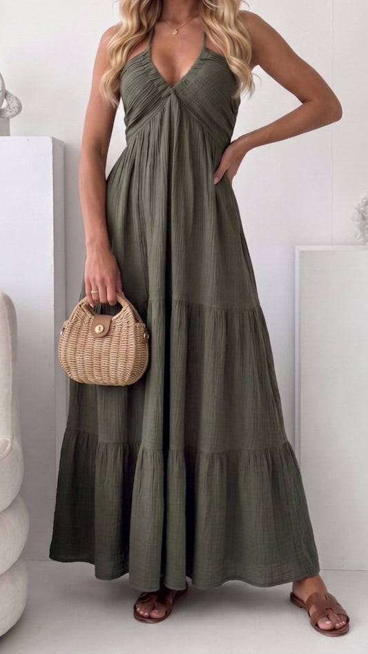 MARNIE - Halterneck Tiered Maxi Dress
