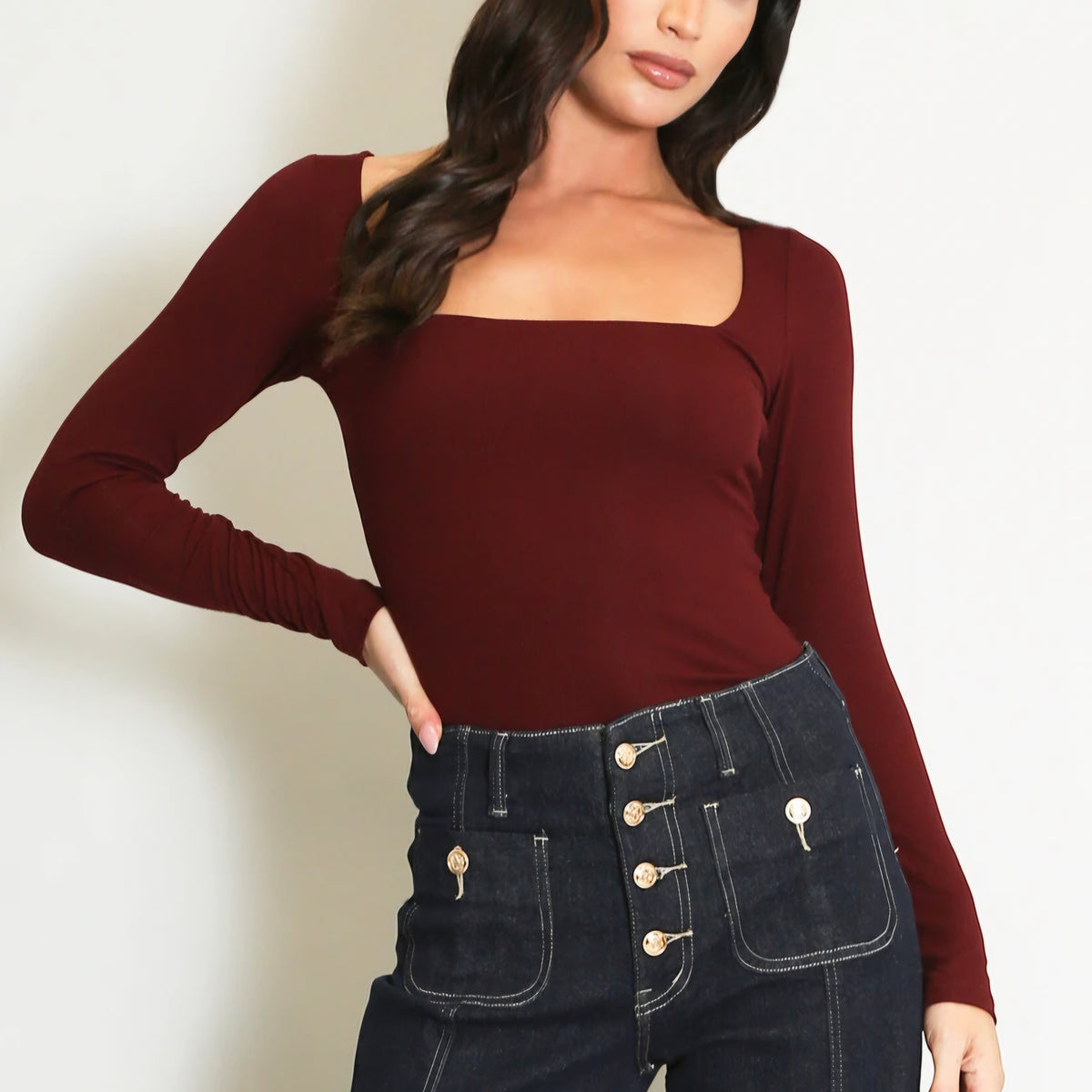 CHLOE - Square Neck Long Sleeve Top Burgundy