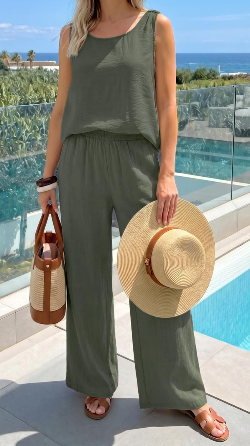 ALEXIS - Crochet Back Vest & Trouser Set Khaki