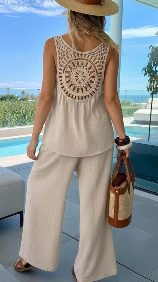 ALEXIS - Crochet Back Vest & Trouser Set Stone
