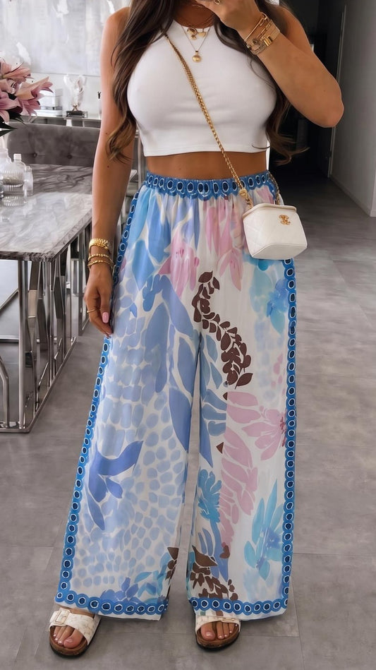 SKYLER - Tropical Print Satin Style Trousers Blue