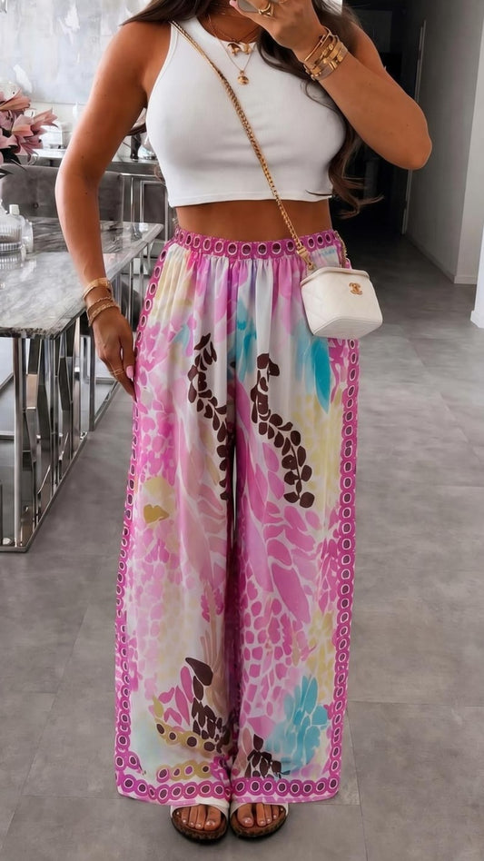 SKYLER - Tropical Print Satin Style Trousers Pink