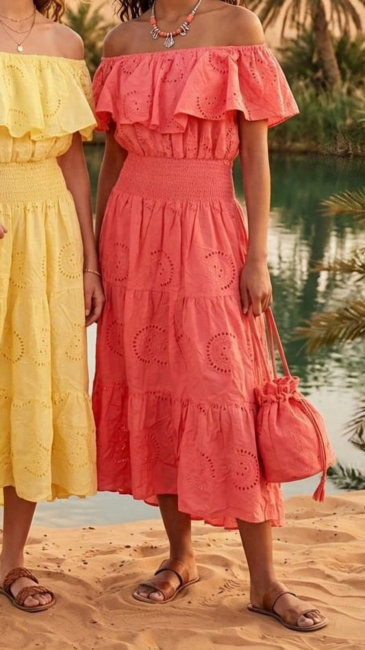 WREN - Broderie Off Shoulder Midi Dress Coral