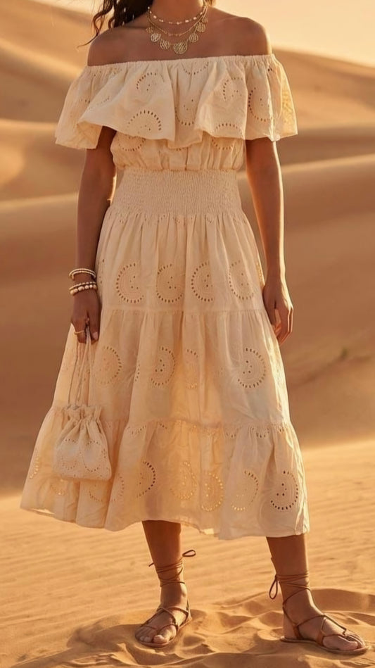WREN - Broderie Off Shoulder Midi Dress Stone
