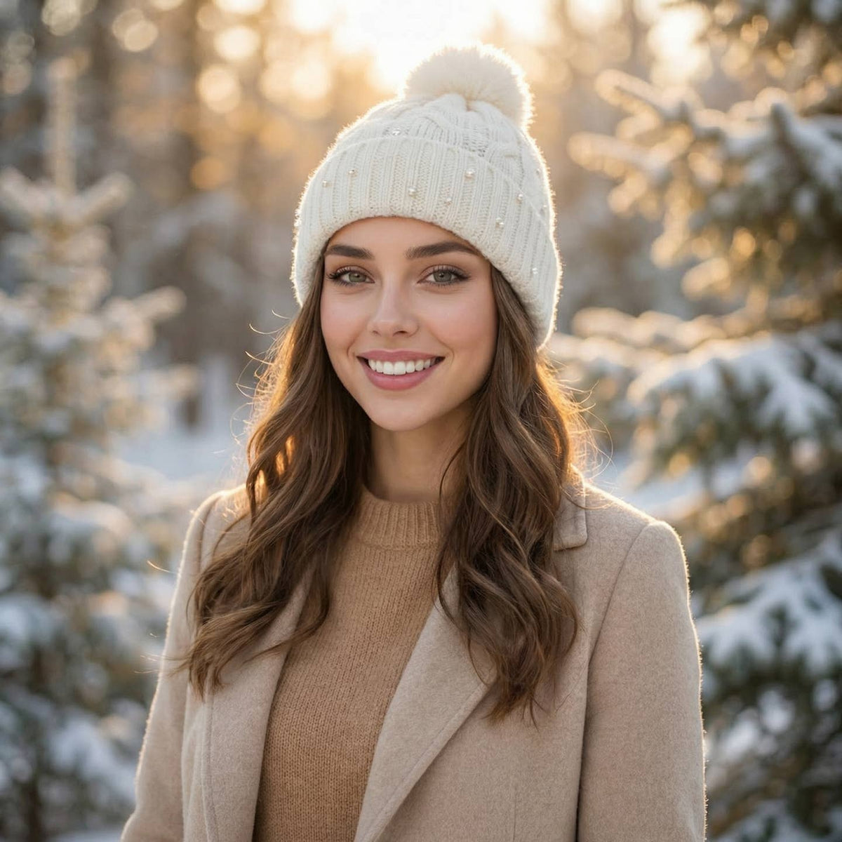 SERAPHINA - Faux Fur Pearl Stud Pom Hat Cotton White