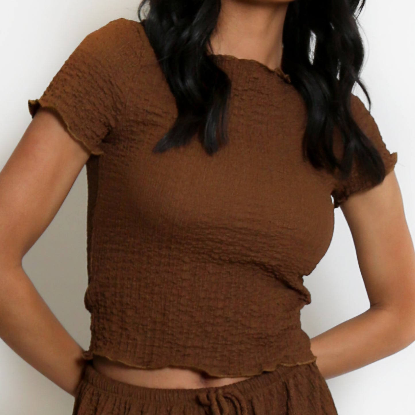 SOFIA - Textured Shirred Short Sleeve Top Brown