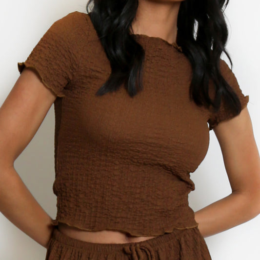SOFIA - Textured Shirred Short Sleeve Top Brown