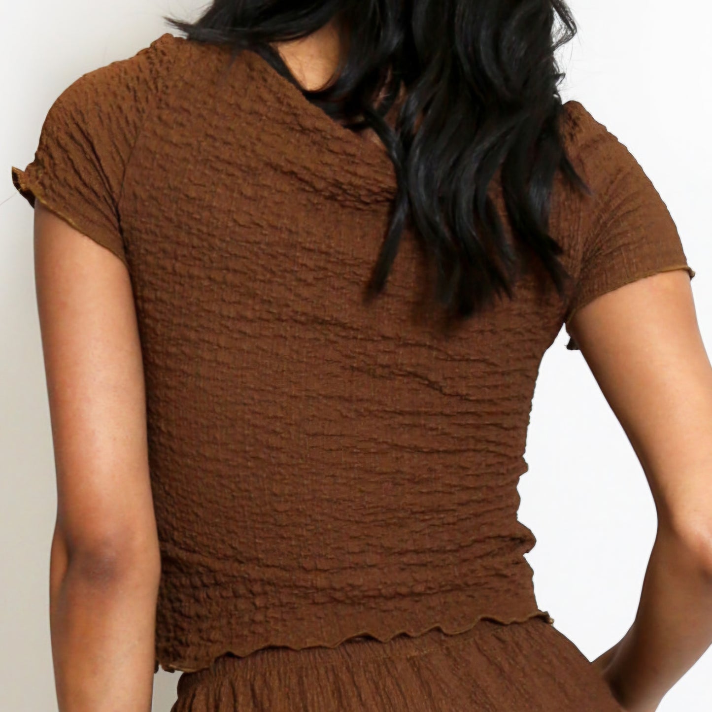 SOFIA - Textured Shirred Short Sleeve Top Brown