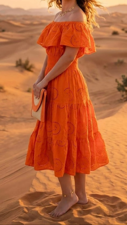 WREN - Broderie Off Shoulder Midi Dress Orange