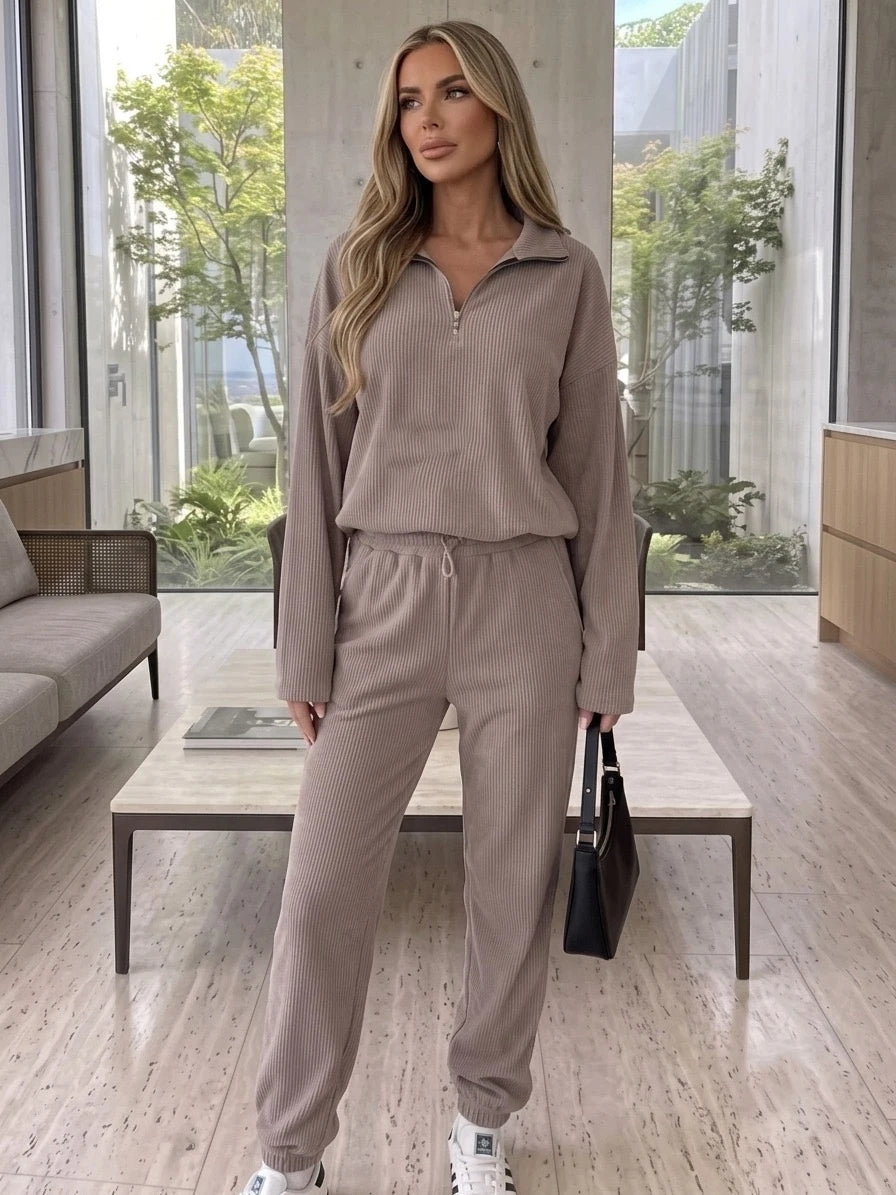 KALA - Ribbed Half Zip Jumper & Trouser Co-Ord Taupe