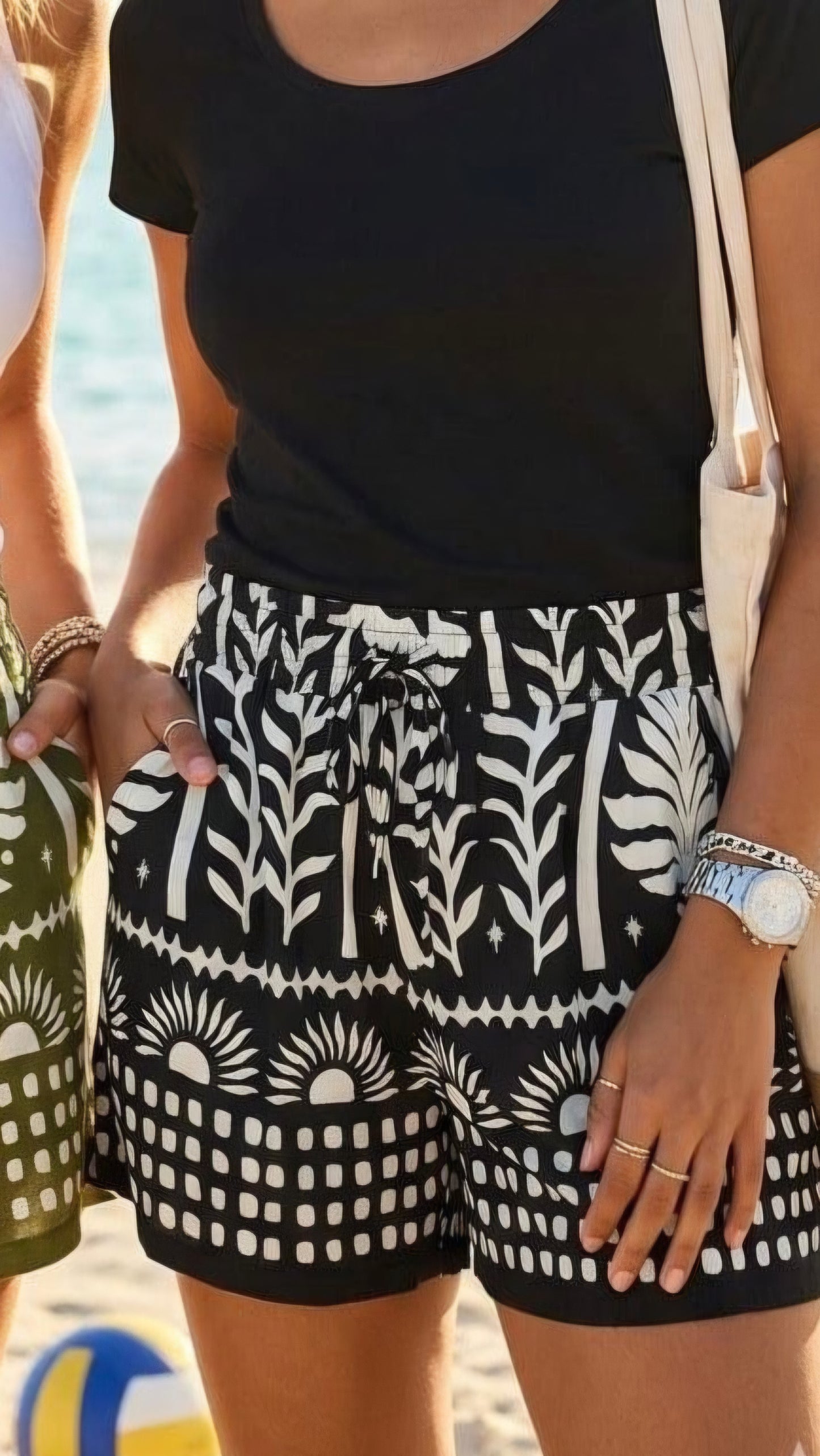 TIA - Printed High Waisted Drawstring Shorts Black