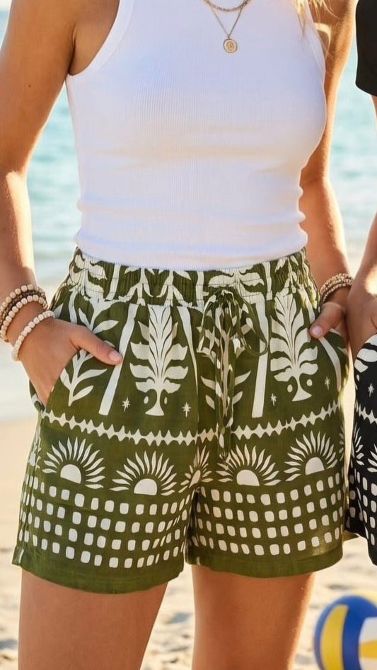 TIA - Printed High Waisted Drawstring Shorts Khaki