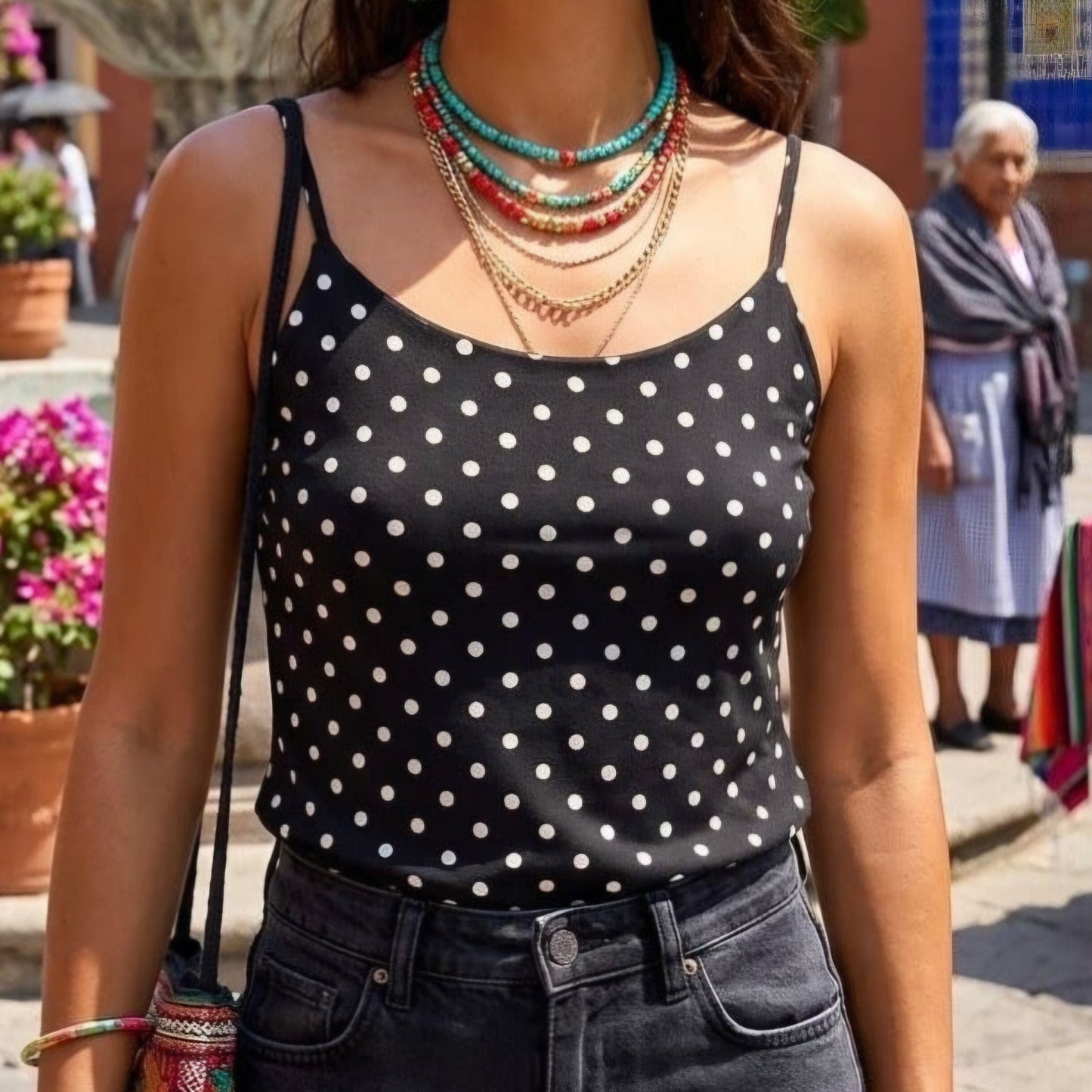 SHELBY - Spaghetti Strap Polka Dot Vest Black