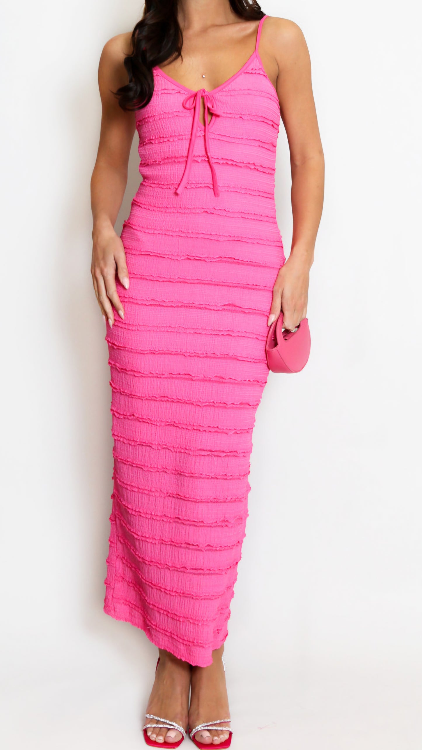 ABI - Textured Tie Front Strappy Midi Dress Fuschia