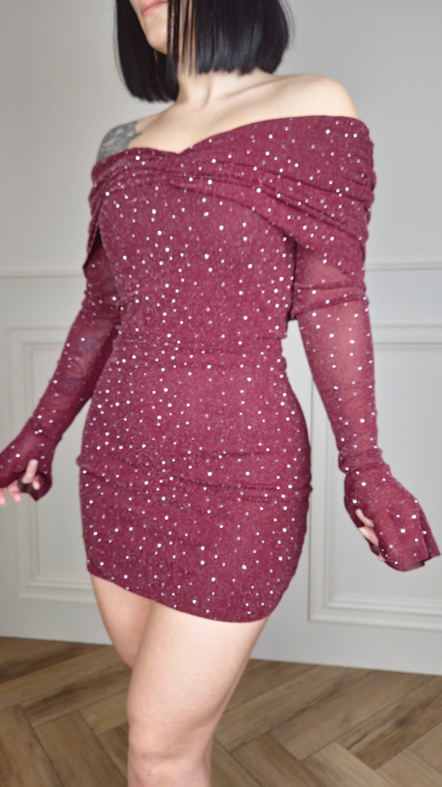 SCARLETT - Lurex Embellished Bardot Mini Dress