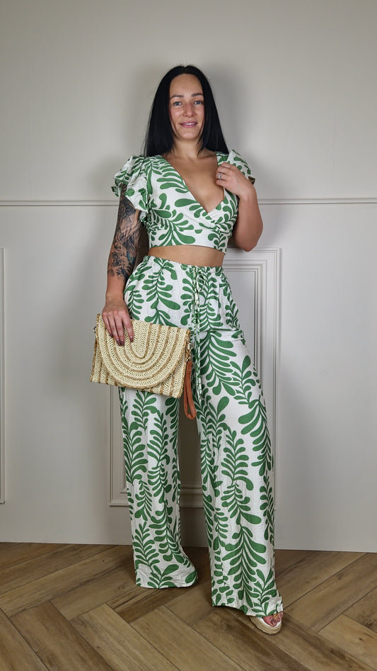 BRIANNA - Leaf Print Open Back Co-ord Green