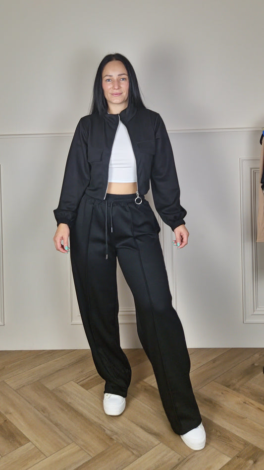 MONIQUE - Bomber Zip Up Jacket With Wide Leg Trouser Set Dark Grey