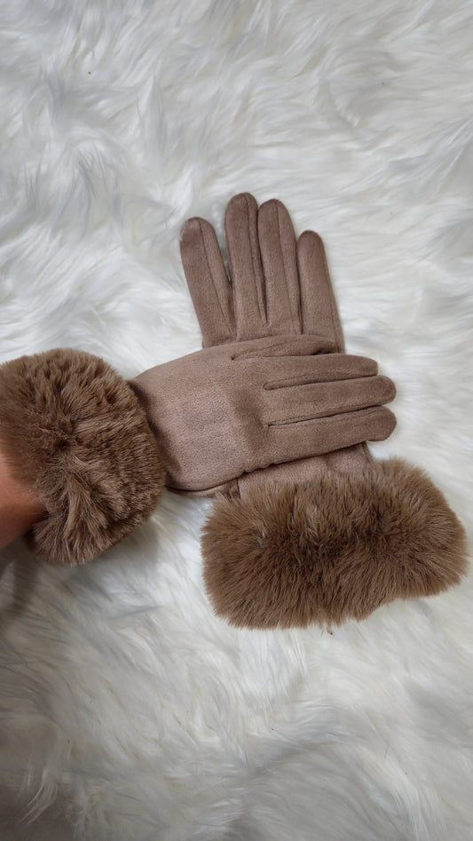 MACEY - Suedette Faux Fur Gloves Taupe