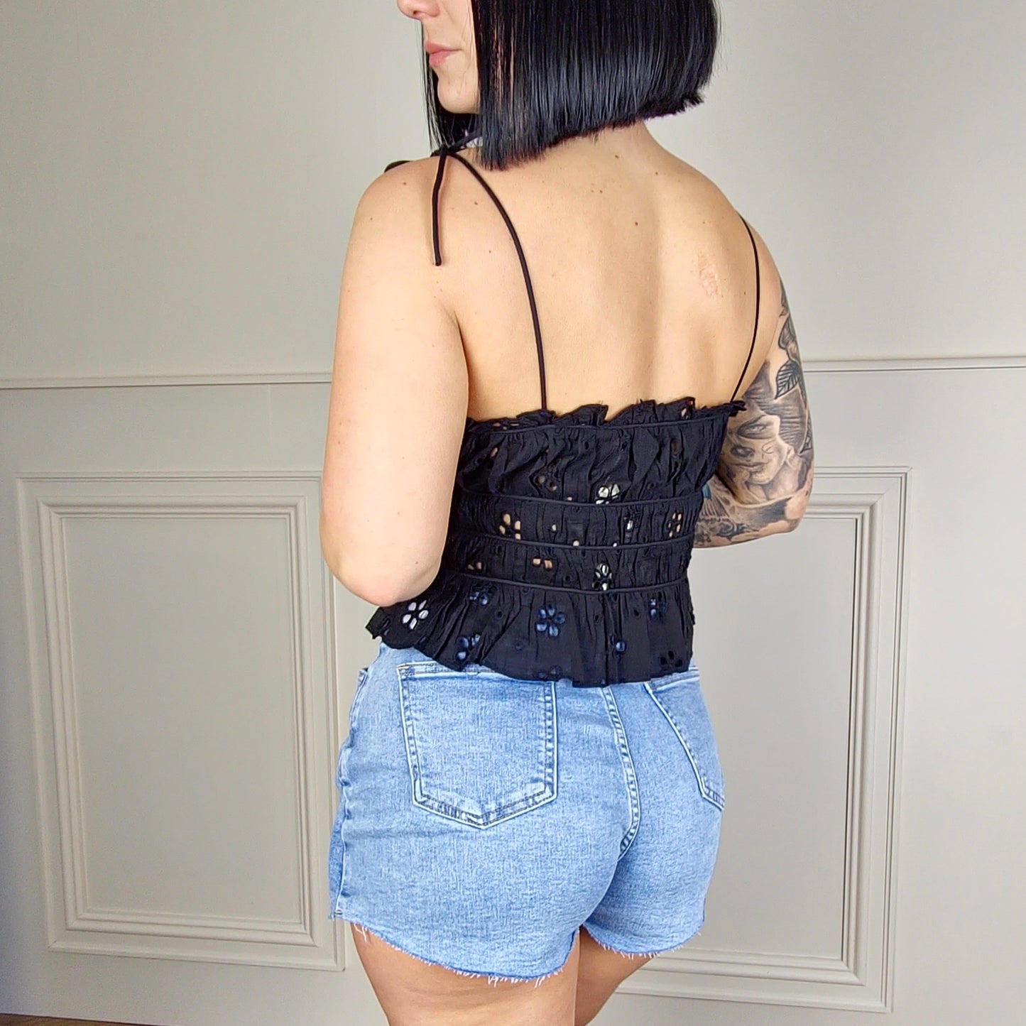 ANGELICA - Broderie Anglaise Tie Front Cami Top Black