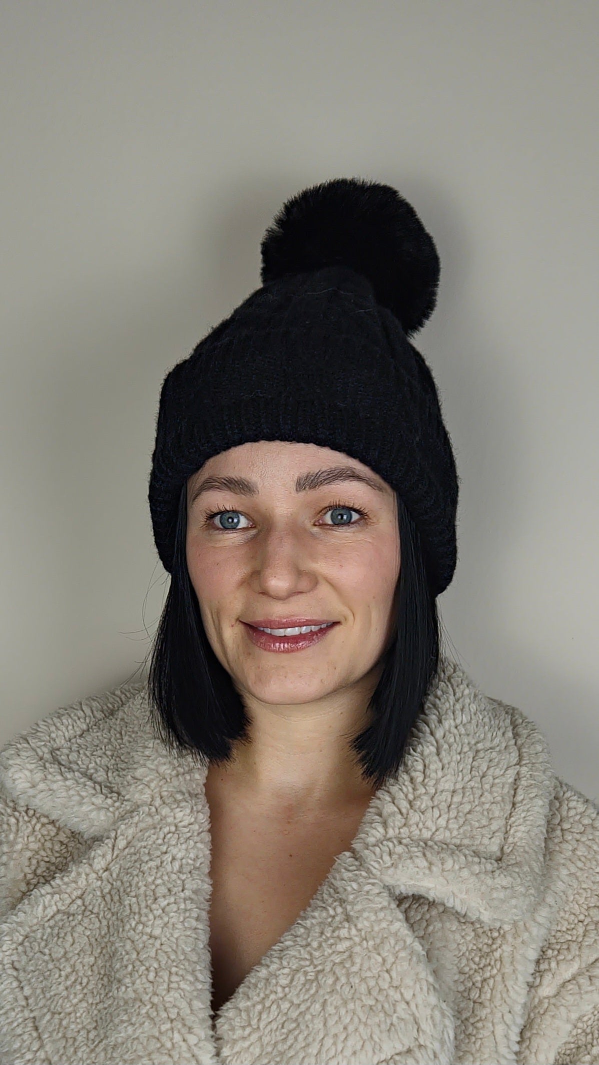 TESS - Cable Knit Wool Blend Faux Fur Pom Beanie Hat Black
