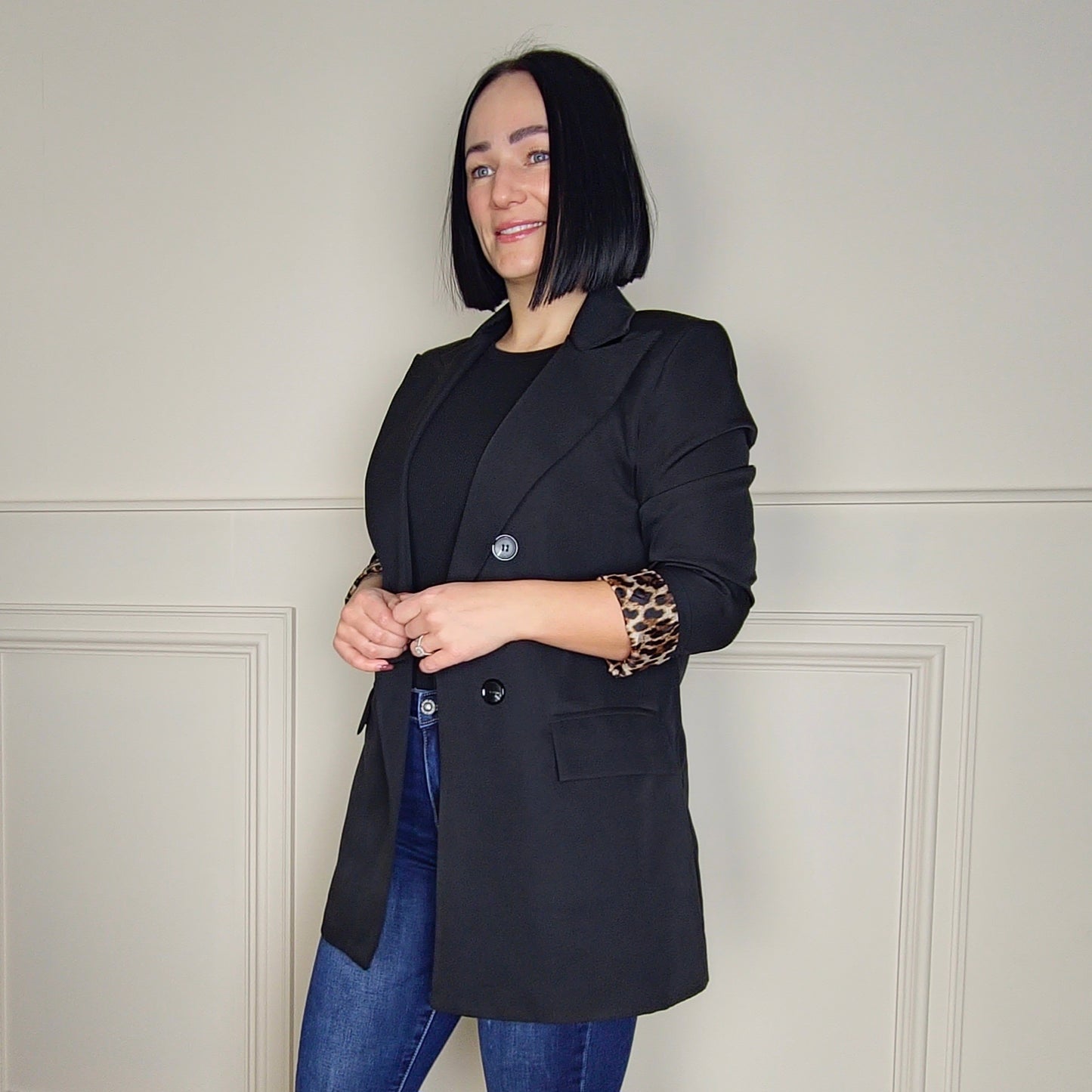 SARA - Premium Black Blazer Leopard Print Cuffs