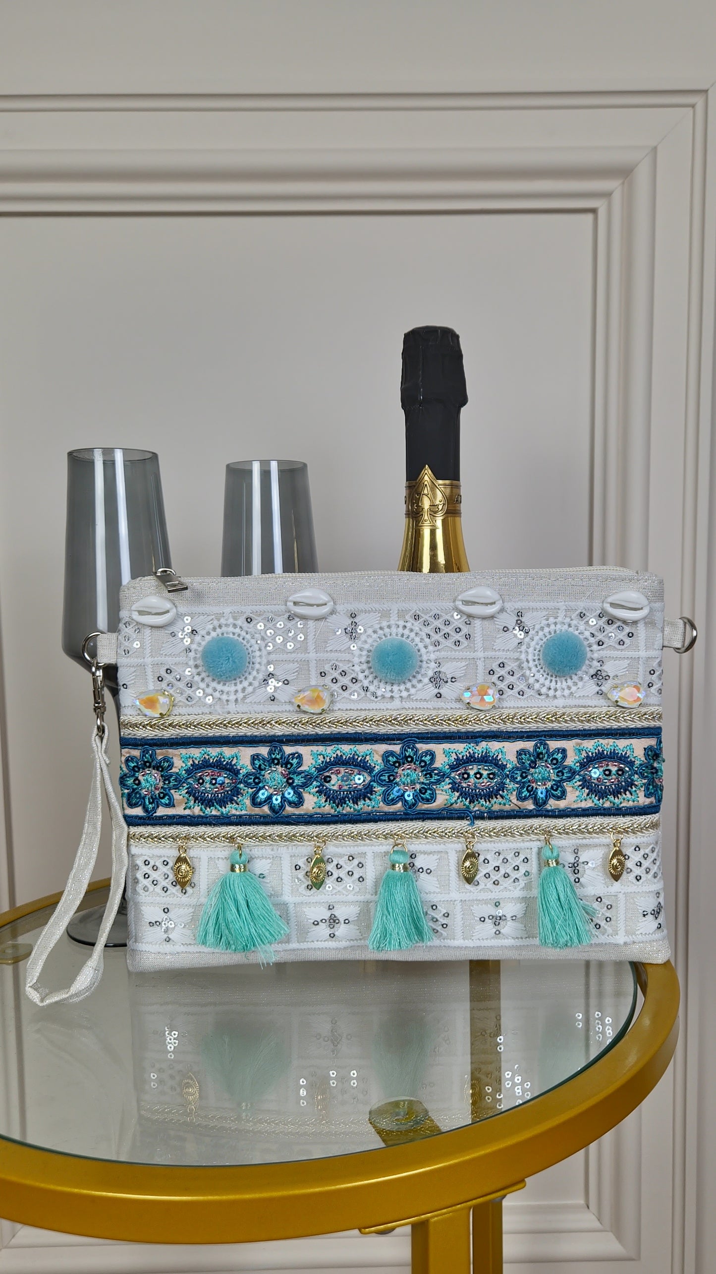 AQUA - Embroided Tassel Clutch Bag