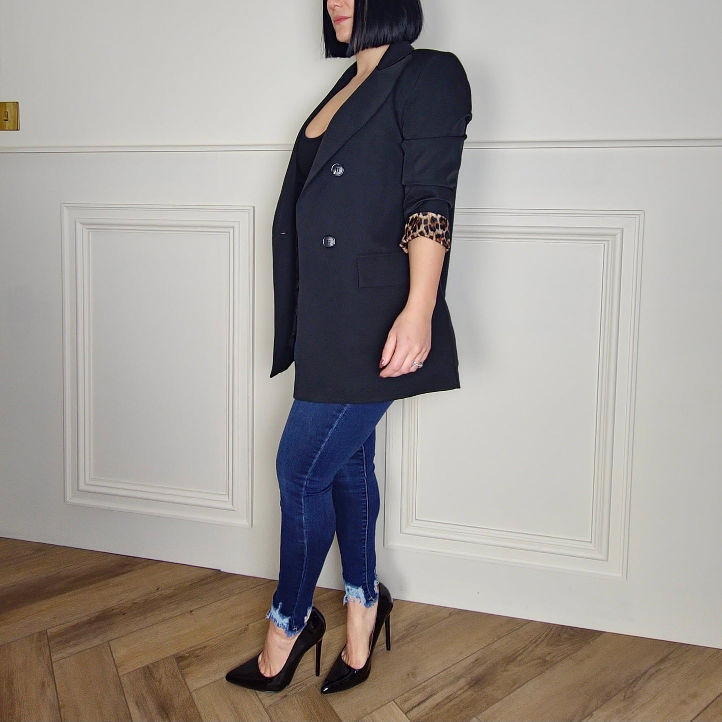 SARA - Premium Black Blazer Leopard Print Cuffs