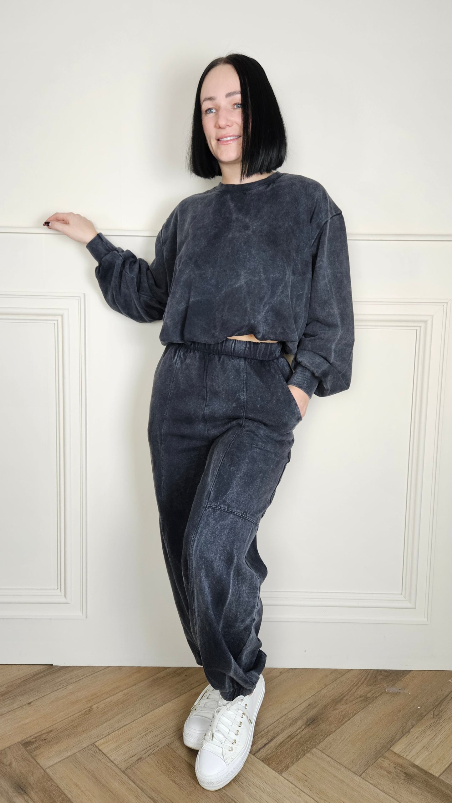 LEAH - Acid Wash Bubble Hem Tracksuit Charcoal
