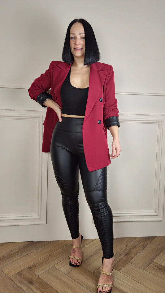 SAFFRON - Premium Faux Leather Cuff Blazer Burgundy