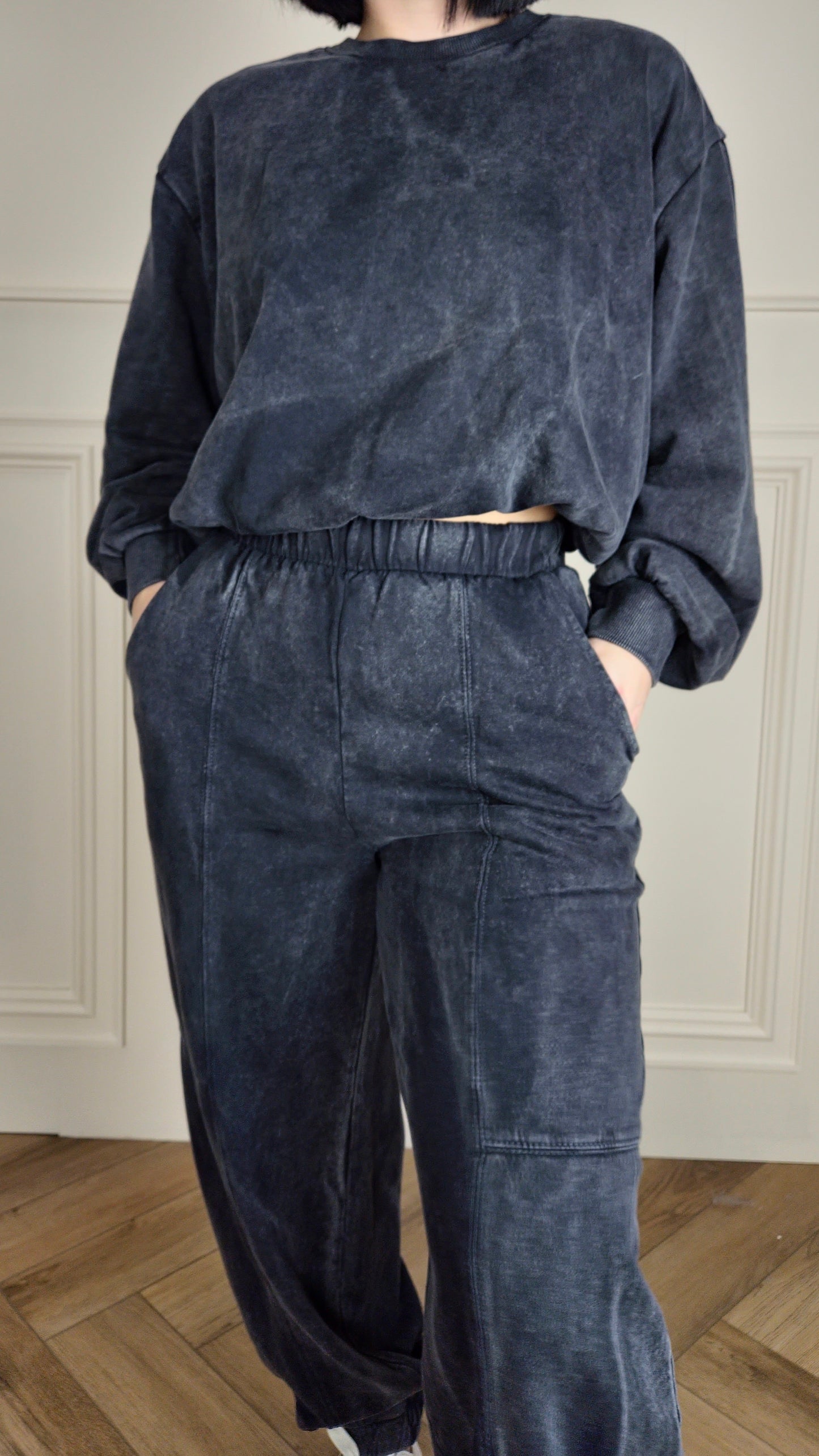 LEAH - Acid Wash Bubble Hem Tracksuit Charcoal
