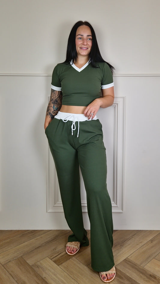 KARA - Ribbed V Neck T-shirt & Trouser Set Khaki