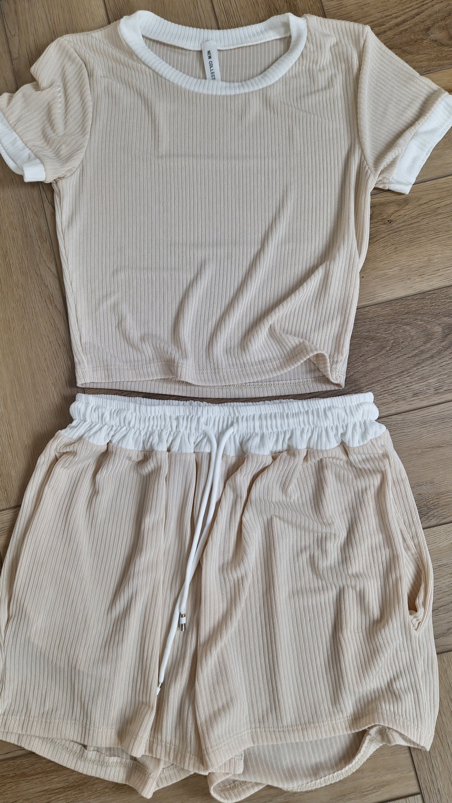 TINA - Contrast Ribbed Top & Short Set With Pockets Nude