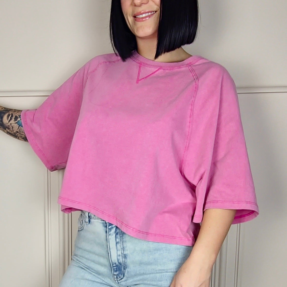 CHARLOTTE - Acid Wash Boxy T-Shirt Pink