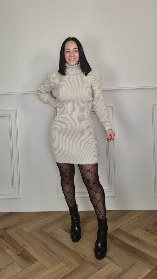 FREYA - Ribbed Knitted Roll Neck Dress Stone