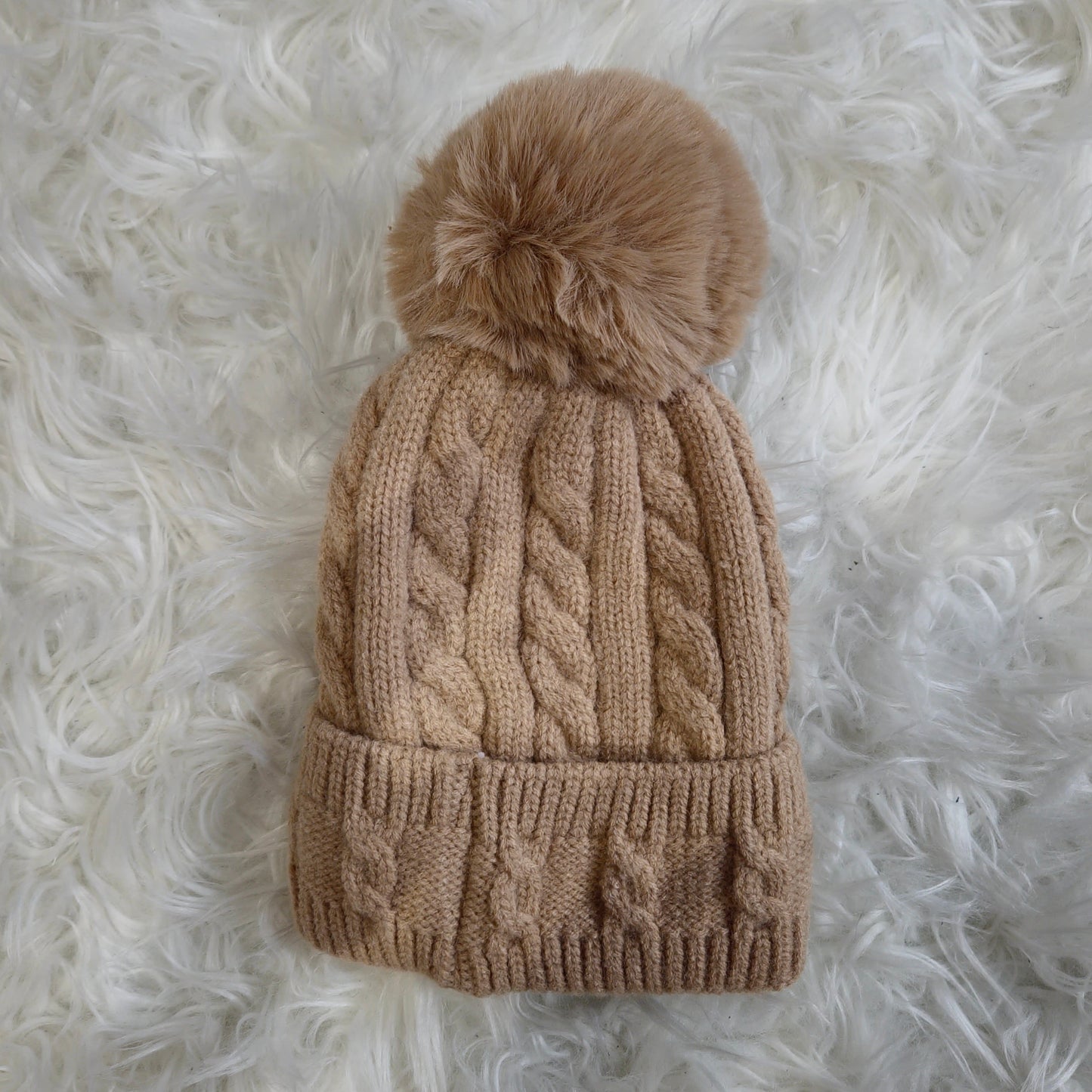 TESS - Cable Knit Wool Blend Faux Fur Pom Beanie Hat Camel