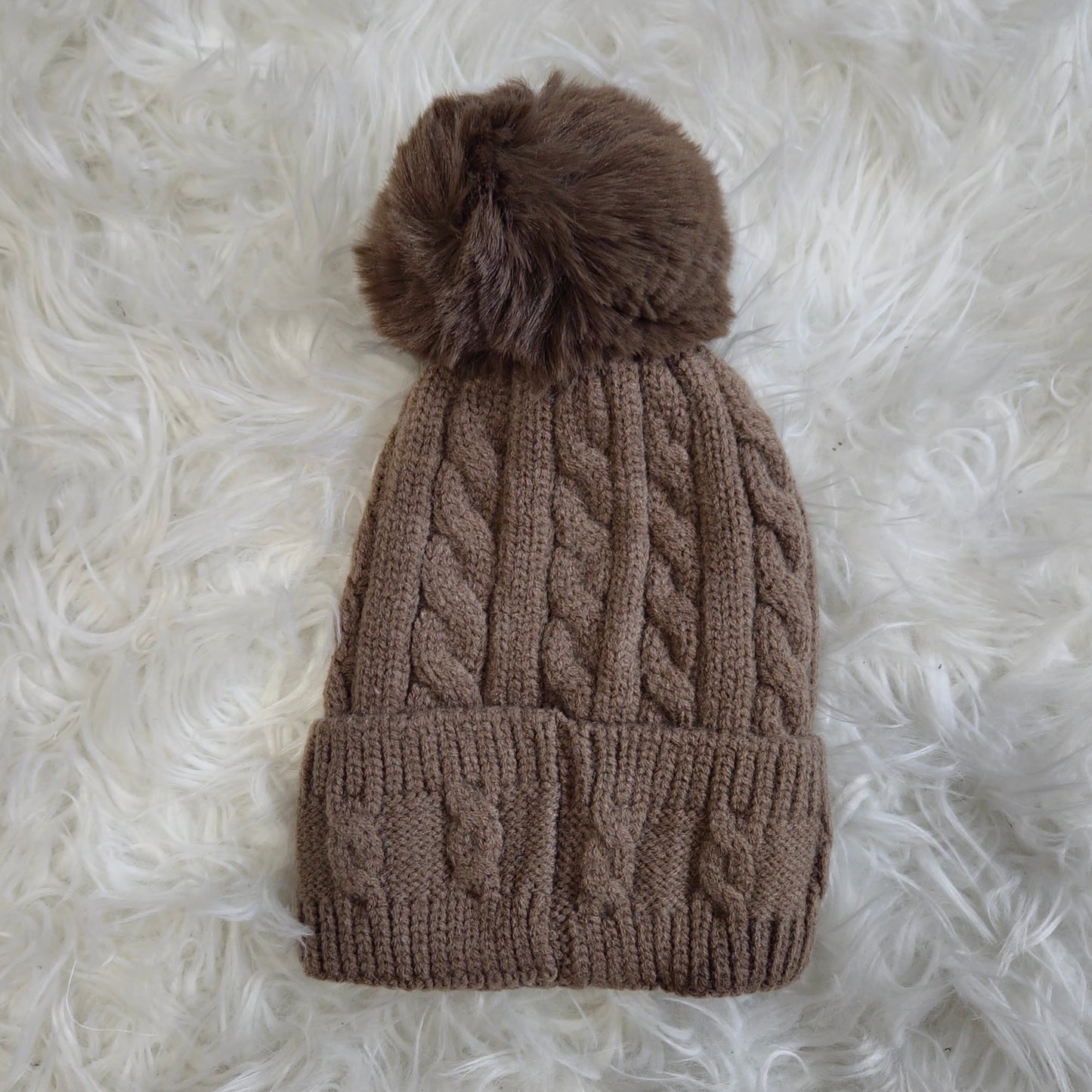 TESS - Cable Knit Wool Blend Faux Fur Pom Beanie Hat Taupe