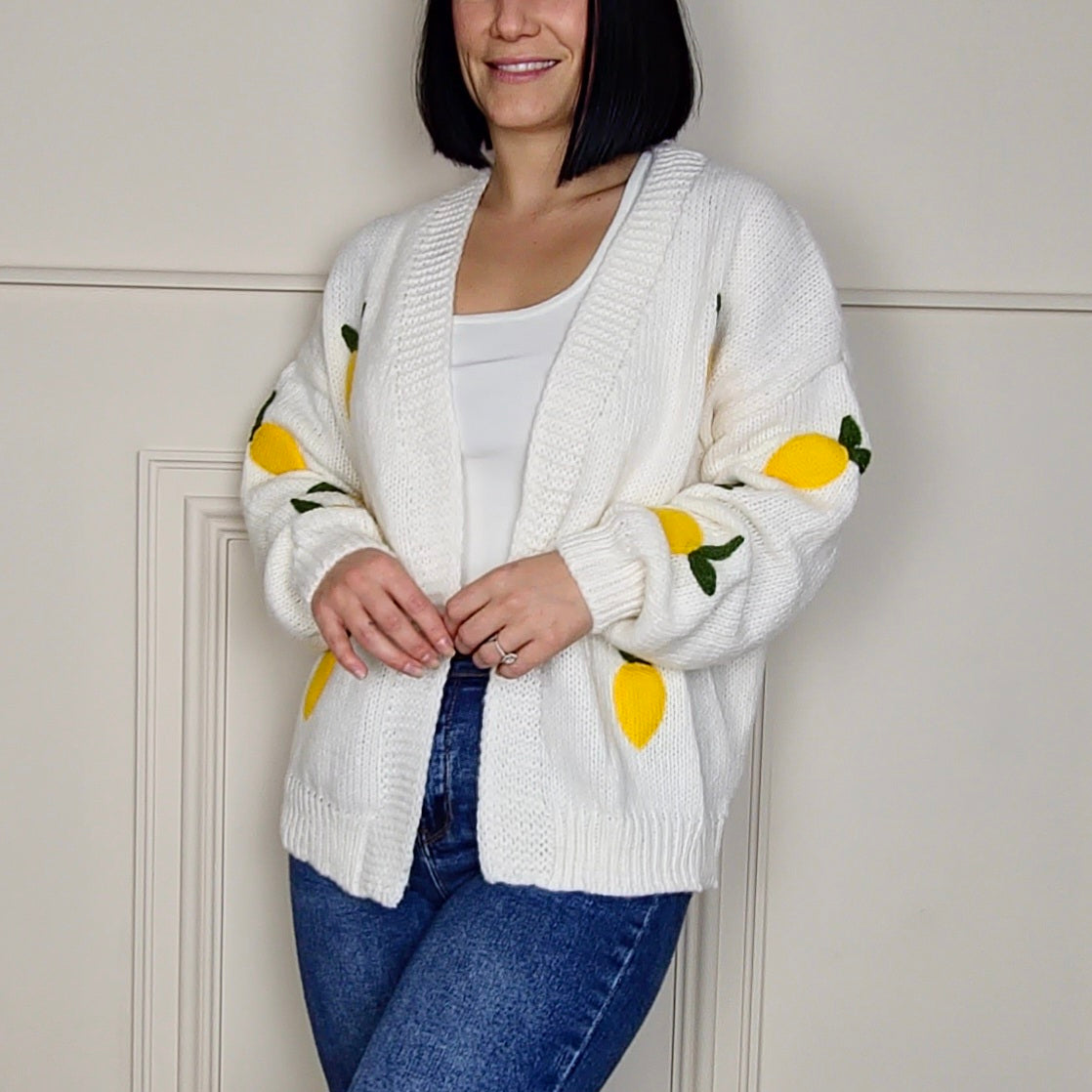 SOFIA - Lemon Applique Embroidered Knitted Cardigan