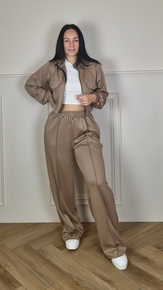 MONIQUE - Bomber Zip Up Jacket With Wide Leg Trouser Set Taupe