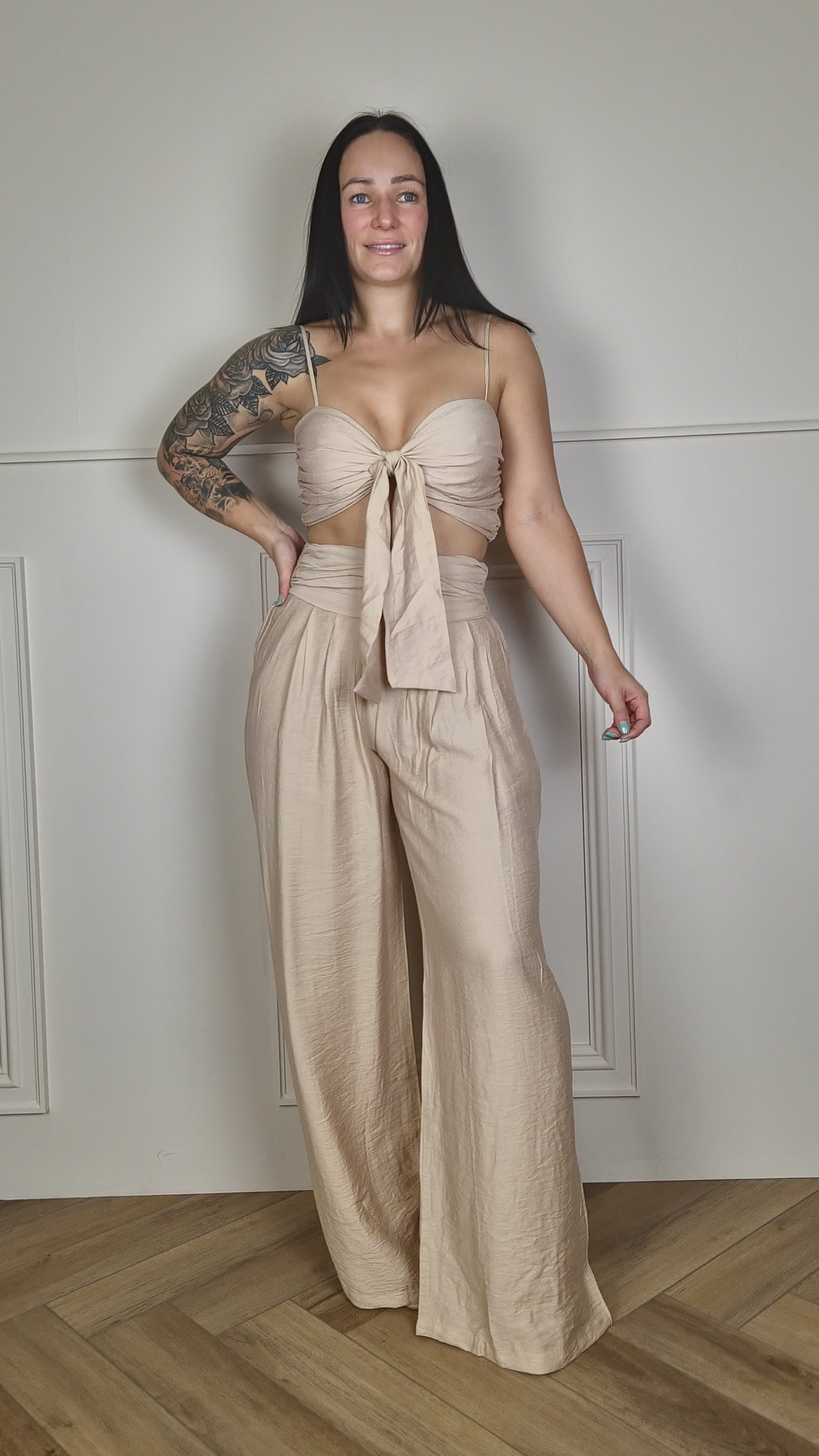 FRAN - Tie Front Crop Top & Wide Leg Trousers