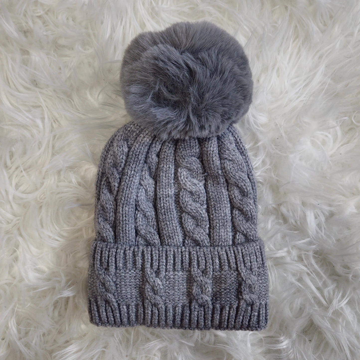 TESS - Cable Knit Wool Blend Faux Fur Pom Beanie Hat Grey