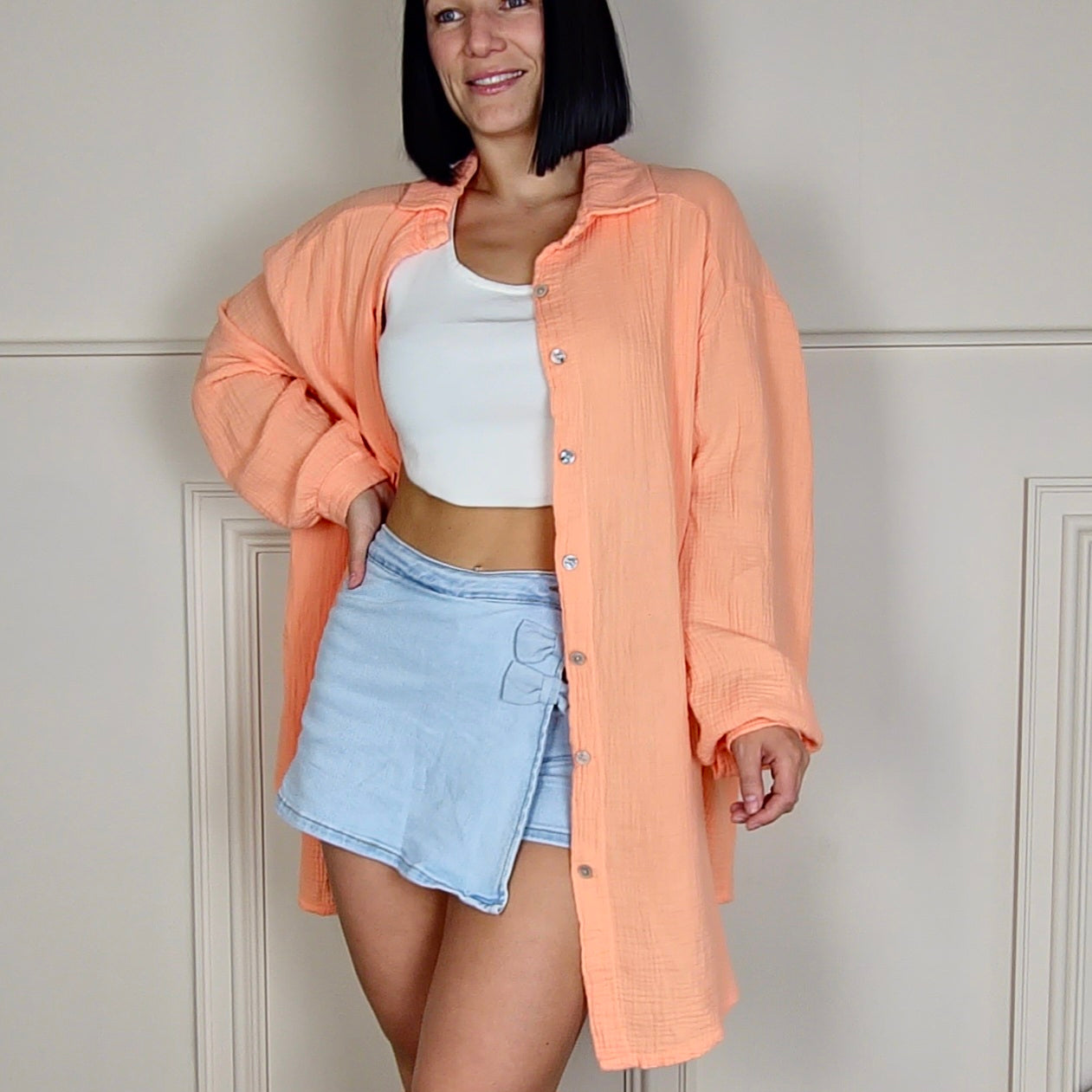 KASIA - Oversized 100% Cotton Shirt Dress Orange