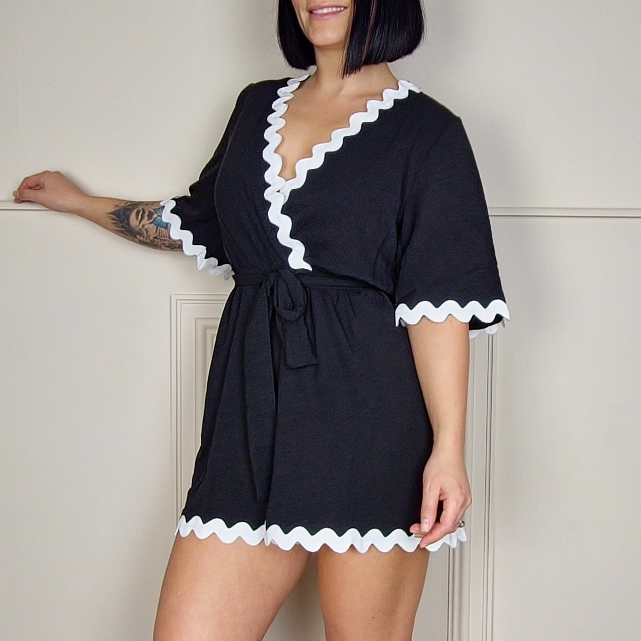 MARA - Front Wrap Contrast Trim Playsuit Black