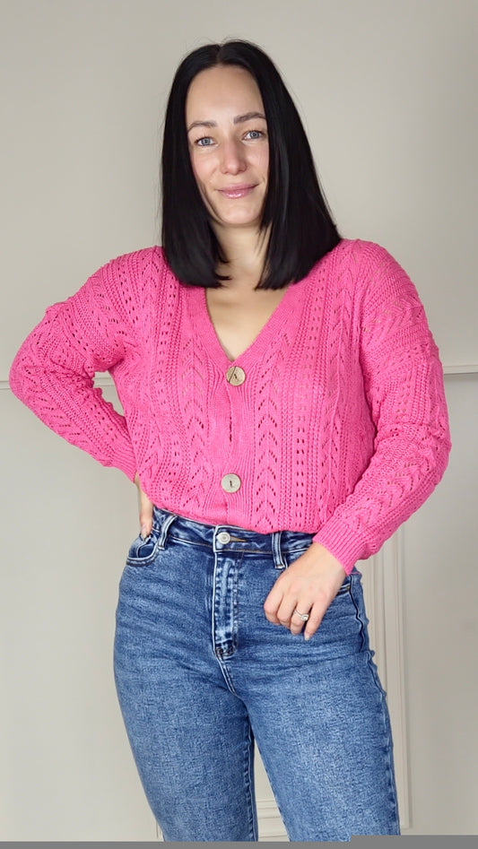 ARLINA - Crochet Knitted Cardigan Hot Pink