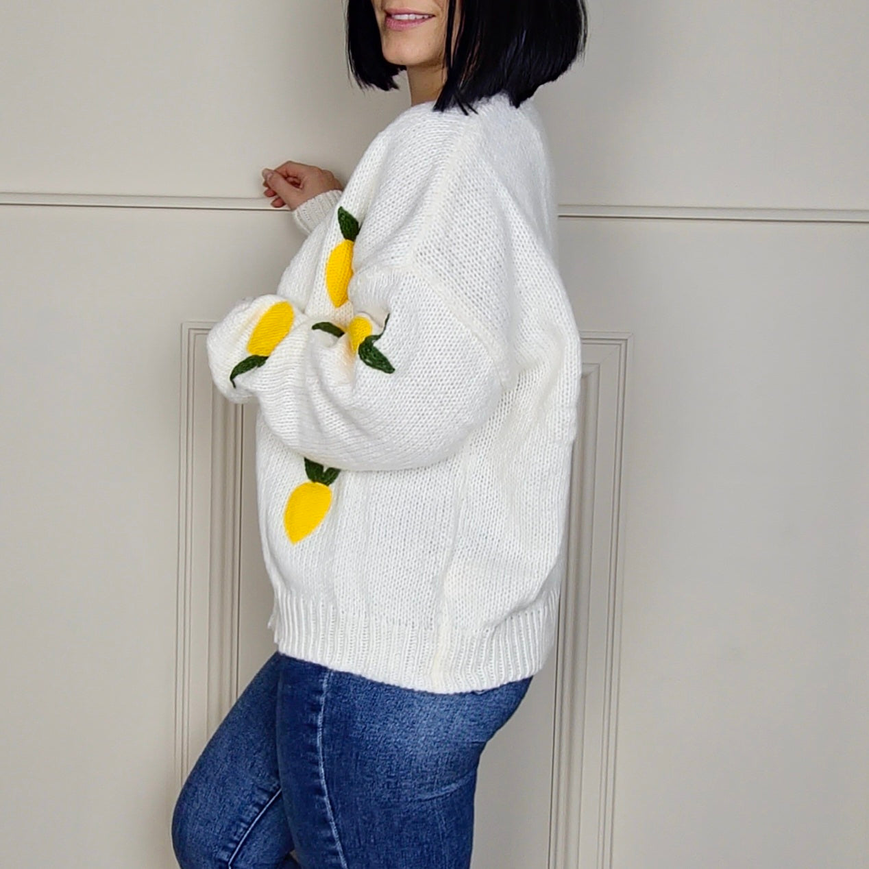 SOFIA - Lemon Applique Embroidered Knitted Cardigan