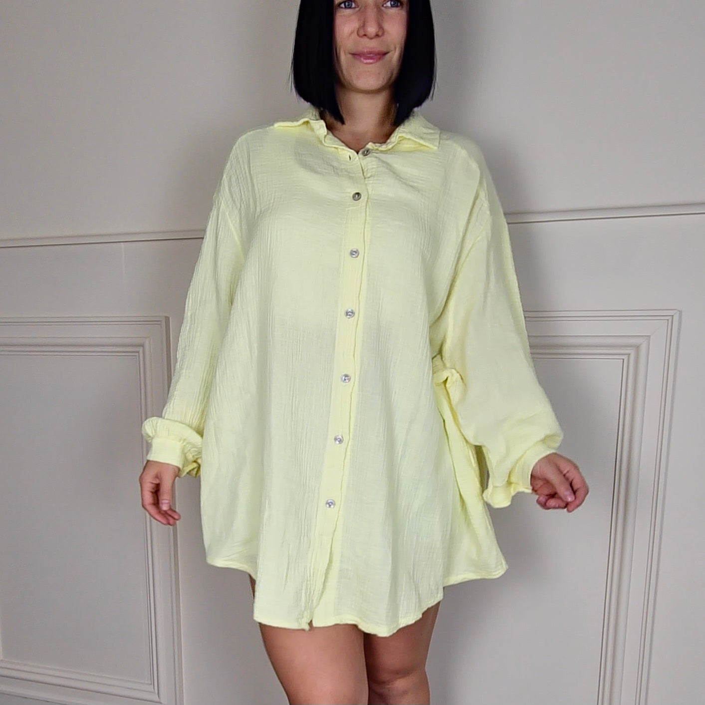 KASIA - Oversized 100% Cotton Shirt Dress Lemon