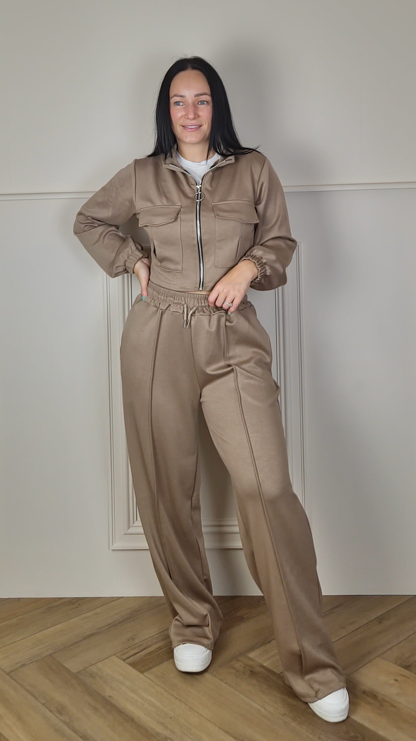MONIQUE - Bomber Zip Up Jacket With Wide Leg Trouser Set Taupe